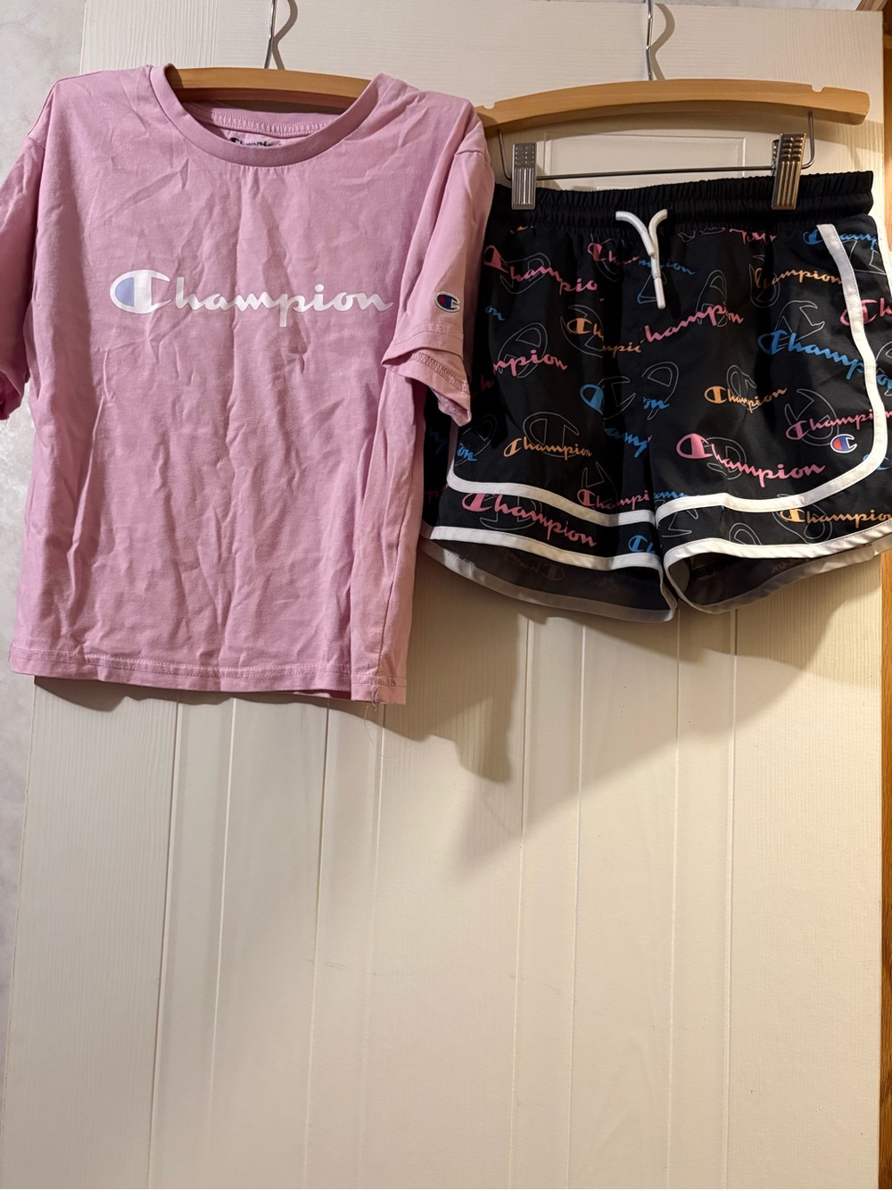Champion Pink Logo Tee + Black Logo Print Shorts Set